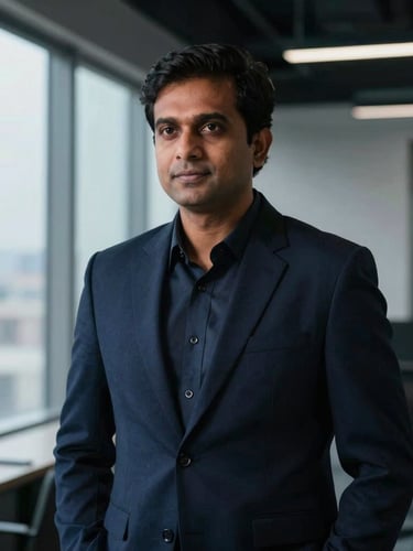 An authentic environmental portrait of a focused Indian business owner in a modern office, natural dramatic window light, deep navy tones, professional composition, 35mm lens