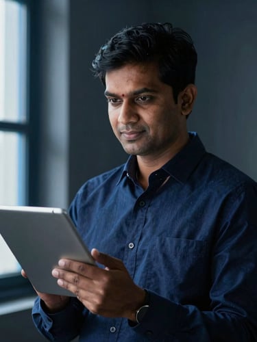 An environmental portrait of an Indian business owner in Coimbatore, looking confidently at a tablet, natural dramatic window light with blue accents.