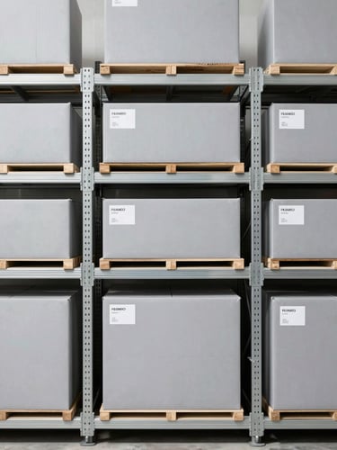Straight-on clean industrial photography of organized warehouse shelves with labeled shipping boxes under bright even daylight, neutral grey tones, sharp focus, 35mm.