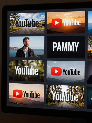 Tight grid of six YouTube thumbnail designs displayed on a dark monitor screen, high-contrast edited stills with bold text overlays and saturated color grades, monitor glow lighting from the left, close-up frame filling the entire column edge-to-edge