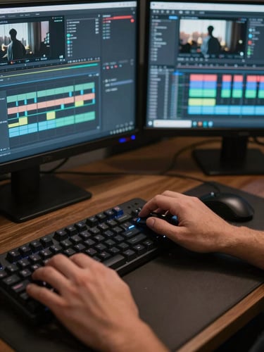 Overhead close-up of a video editor's hands on a mechanical keyboard and precision mouse, dual monitors visible in background showing color-grading software with a YouTube thumbnail in progress — monitor glow illuminates the desk surface, dark surrounding environment, no person's face visible