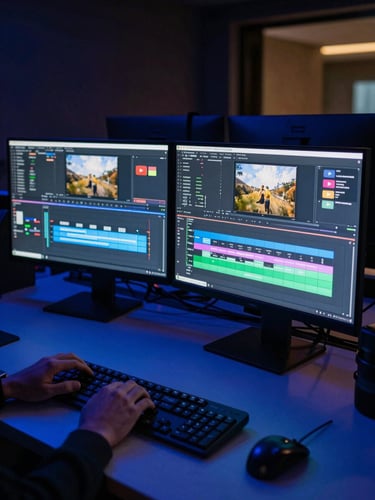 Wide environmental shot of a professional video edit suite at night, two large monitors glowing with a color-graded YouTube timeline, keyboard in foreground with hands resting on it, monitor light casting electric blue on the desk surface, no people visible above shoulder height