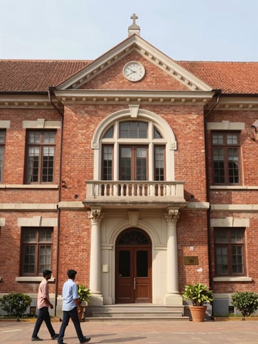 Bright natural daylight photo of a classic brick Indian college building facade, warm academic tones, 35mm lens