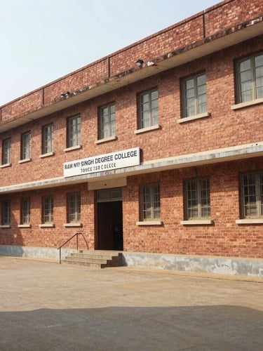 Wide angle shot of the brick facade of Ram Nath Singh Degree College under bright natural morning daylight, clean pathways, warm academic tones