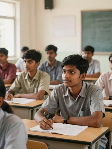 Documentary campus photography of Indian college students in a bright, naturally lit classroom, focused on a lecture, warm academic tones, 35mm lens.