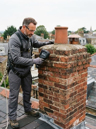 Professional technician in clean uniform on a roof, inspecting a historic brick chimney with a modern tool, overcast daylight, sharp focus.
