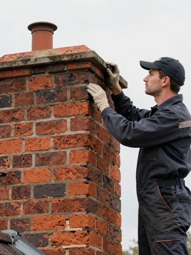 Portrait shot of a skilled chimney technician in a clean uniform, carefully inspecting historic brick masonry on a chimney, crisp overcast daylight, sharp focus, 35mm