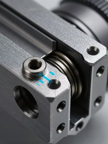 Extreme close-up of a dark grey anodized aluminum profile joint, showing high-precision milling, mechanical seals, and technical cyan alignment marks, sharp focus