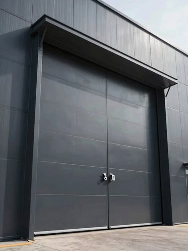 Low-angle architectural shot of a heavy-duty industrial sectional door in a modern matte charcoal warehouse facade, sharp high-contrast daylight, clean lines.