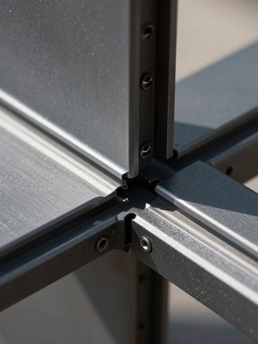 Extreme close-up of a dark grey aluminum profile joint with precise mechanical seals, sharp architectural daylight casting clean linear shadows