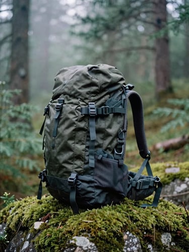Close-up of a rugged technical backpack resting on a mossy rock in a misty pine forest, soft overcast daylight, moody green tones, 35mm film style