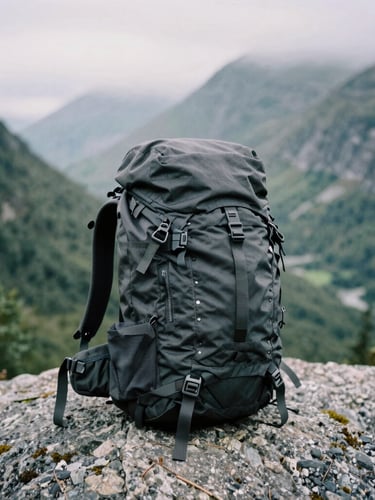 Close-up of a rugged technical backpack resting on a granite boulder overlooking misty Scandinavian mountains, overcast cold daylight, moody 35mm film