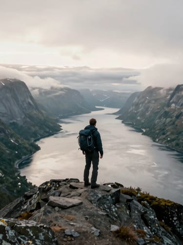 A male hiker with a backpack standing on a rocky cliff overlooking a scenic fjord and misty mountains.