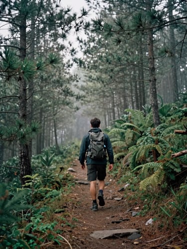 Cinematic wide shot of a male hiker navigating a misty pine forest trail, soft overcast daylight, moody 35mm film, deep forest greens and misty grays