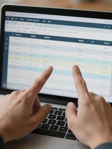 Close-up of hands pointing at a laptop screen displaying a Meta Ads analytics report with highlighted ROAS rows, cool north-facing daylight, spreadsheet visible in background, no faces