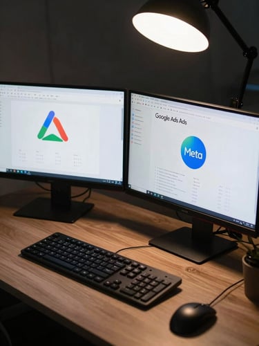 Tight overhead shot of a dual-monitor desk setup showing Google Ads and Meta Ads dashboards side by side, cool studio key light hitting the screens, KPI numbers visible, no people, no warm tones