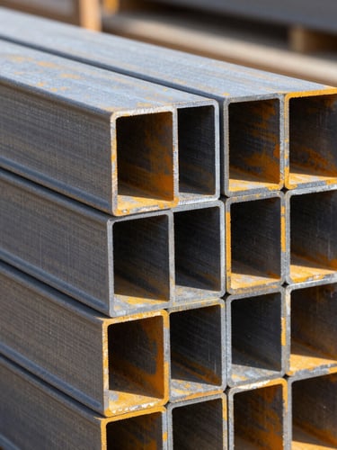 Close-up macro shot of a stack of new, heavy-duty steel construction beams on a job site, crisp natural daylight, high contrast, 50mm lens