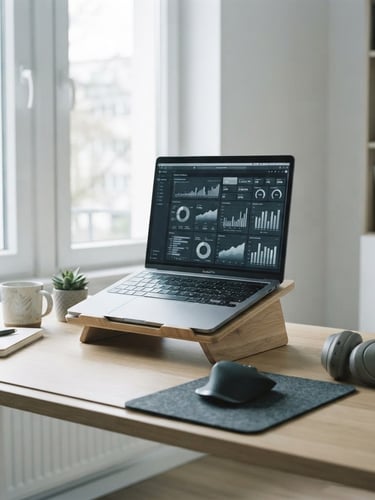 A clean, modern remote workspace with a laptop displaying analytics, bright natural daylight, desaturated cool tones, sharp focus, 35mm lens
