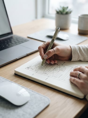 Macro detail shot of a modern designer's hand sketching a website wireframe on a clean desktop setup, bright natural daylight, minimalist workspace aesthetic, desaturated cool tones, sharp focus, 35mm lens.