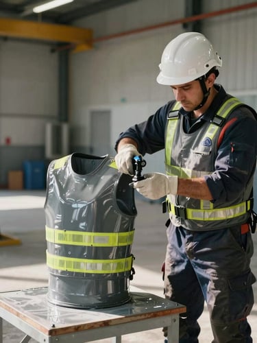 Vista de ángulo medio de un técnico con casco y chaleco de seguridad aplicando recubrimiento epóxico gris en un piso industrial, iluminación natural brillante de día, entorno limpio.