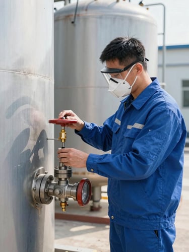 Medium shot of an industrial technician in crisp blue safety uniform and protective mask, calibrating a pressure valve on a clean steel tank, bright natural daylight, sharp focus on technical details, professional engineering environment.