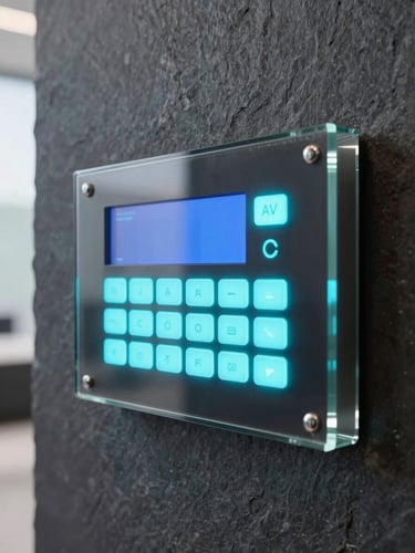 Macro shot of a sleek glass AV control panel mounted on a dark slate wall, glowing electric cyan interface buttons, cool screen glow, sharp focus, 35mm