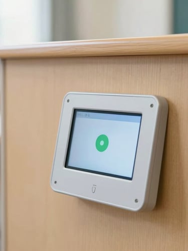 Close-up macro shot of a sleek flush-mounted touch control panel on a light wooden classroom lectern, displaying a simple interface with a green join button, soft background blur, natural daylight.