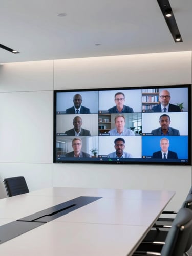 Pristine modern boardroom with a large active video conferencing display showing remote participants, clean architectural lines, flush-mounted ceiling microphones, cool daylight, 35mm photography.