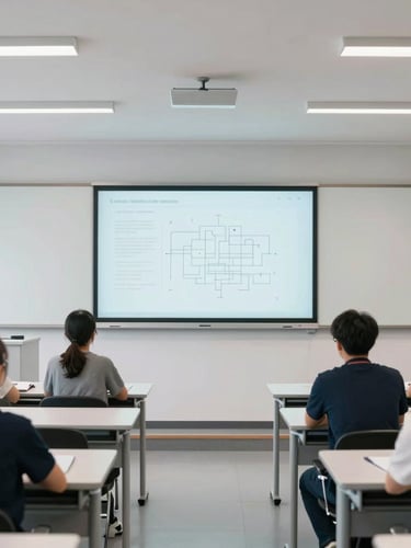 Wide environmental shot of a bright modern university classroom with natural daylight, a large interactive display on the front wall showing clean schematics, students sitting at modular desks, sharp focus, 35mm.