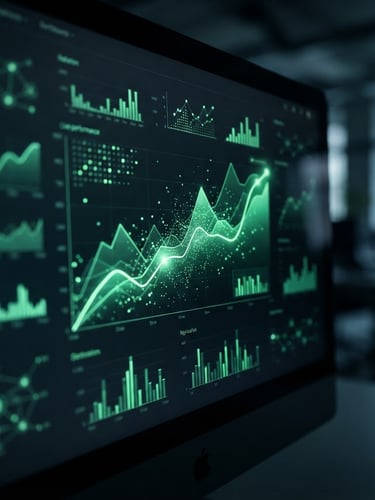 Macro close-up of a live performance marketing dashboard on a dark screen, glowing electric green charts, shallow depth of field, cool office lighting.