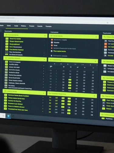 Over-the-shoulder shot of a performance marketer analyzing a complex dashboard on a high-end monitor, neon lime reflections on the screen, sharp focus, 35mm cinematic corporate photography