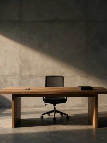 Cinematic editorial photo of a high-end architectural workspace, warm champagne light casting long shadows on a concrete wall, minimalist oak desk, 35mm, moody low-key lighting