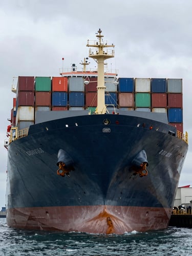 Wide-angle dramatic shot of a massive 50,000-ton container ship hull in a drydock, overcast North Sea daylight, towering steel plates, industrial scale.
