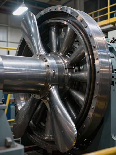Macro close-up of heavy marine engineering, a massive ship propeller shaft and hydraulic seals inside an engine room, harsh industrial work lights, cold steel gray tones.