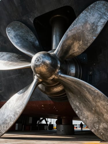 Extreme wide-angle view from the bottom of a drydock looking up at a massive ship propeller, dramatic high-contrast industrial lighting, steel textures.