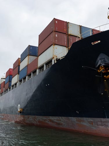 Extreme wide-angle shot of a massive commercial container ship in drydock under overcast North Sea daylight, showing the colossal scale of the hull and propeller, high-contrast industrial grit.