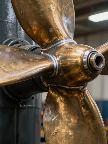 Macro close-up of a massive bronze ship propeller blade showing weld lines and heavy metallic texture, harsh industrial work lights.