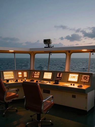 Wide-angle view of a commercial vessel bridge at night, glowing amber and orange control consoles, dark ocean visible through massive forward windows, cold overcast light.