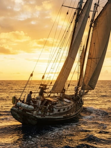 Gritty 35mm film photograph of S/V Lucky Lore under sail, sun-bleached ocean tones, high contrast, weathered rigging cutting across a golden hour sky.
