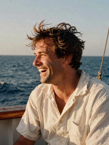 Candid moment of life on deck, a sailor laughing with wind-blown hair, warm sun-bleached tones, gritty analog feel.