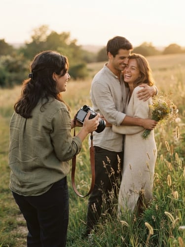 Photographer Alba Luz working candidly with a couple in a warm, natural outdoor setting during golden hour, soft cream and earth tones, shallow depth of field, 35mm film feel, capturing an intimate moment, shot from behind the photographer, showing her gentle interaction.