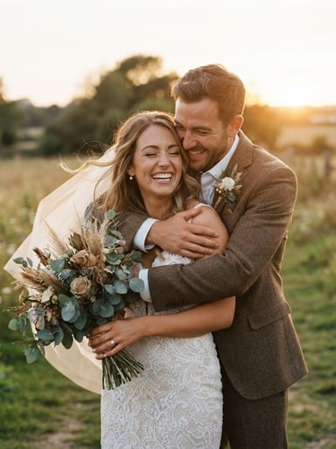 Candid wedding couple embracing in soft golden hour light, blurred natural background, warm editorial photography, 35mm film feel.