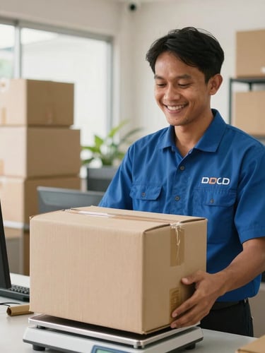 Bright realistic photography of a friendly Indonesian staff member in a clean local logistics office in Jakarta, weighing a heavy cardboard box on a digital scale, warm natural light, 35mm lens