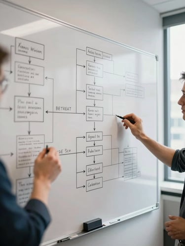 Wide-angle view of a whiteboard architecture session in a spare office, dense system-flow diagrams and regulatory checkpoint annotations visible in black marker, two sets of hands mid-gesture near the board, north-facing daylight from a window to the right