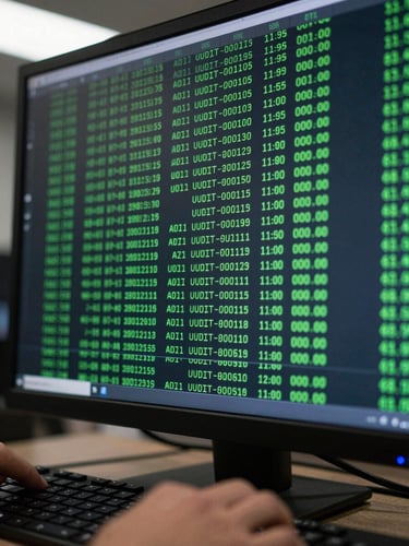 Close-up of a deployment log terminal screen showing timestamped audit trail entries in green monospace text on dark background, a hand resting on the edge of the keyboard partially visible at the bottom frame, cold white overhead light from the left