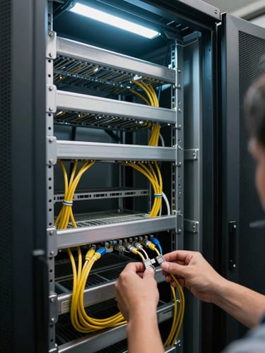 Wide shot of a server cabinet installation in progress, close-up of cable management and rack units under cool fluorescent overhead light, engineer's hands visible at the lower frame adjusting patch cables, no faces