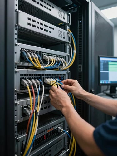 Wide environmental shot of a live server cabinet installation, technician's hands routing cables in a rack-mounted unit, cool fluorescent overhead lighting casting sharp shadows, dozens of patch cables in dense rows visible in the mid-ground, a deployment dashboard glowing on a mounted monitor to the far right edge
