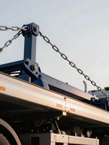 Low-angle close-up of heavy-duty flatbed rigging and silver chains on a commercial truck trailer, crisp high-contrast overcast daylight, industrial details