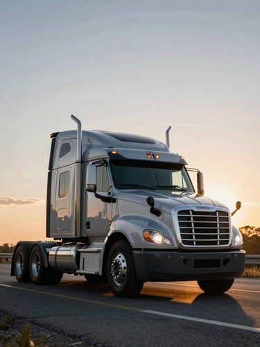 Low-angle heroic shot of a modern heavy-duty silver Freightliner truck on an open highway at sunset, cinematic golden hour lighting, deep navy and silver tones, 35mm lens
