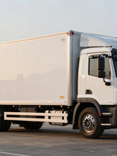 Side view of a modern white box truck parked in an industrial logistics yard under golden hour light, clean composition, 35mm lens